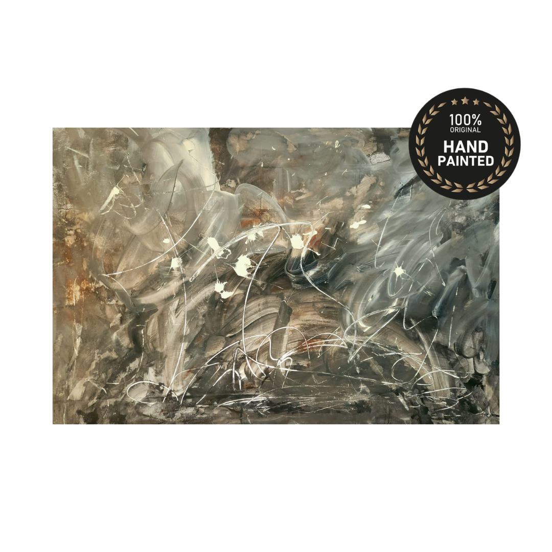 Large handmade abstract painting in smoke-grey, ivory & rust tones with dynamic textured brushwork. 200x140cm statement piece for luxury UAE villas.1