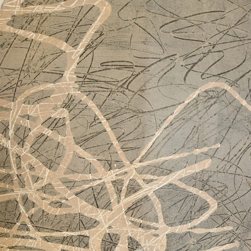 Detail view of hand-drawn line work on a textured abstract canvas painting
