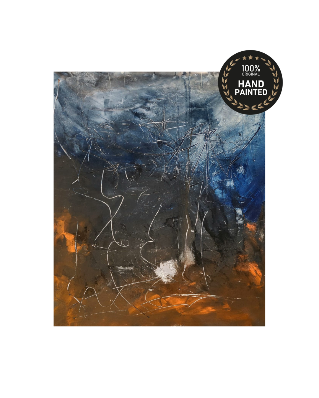 Large abstract painting in navy blue, black and rust orange tones with white linework, handmade textured wall art above a living room sofa1