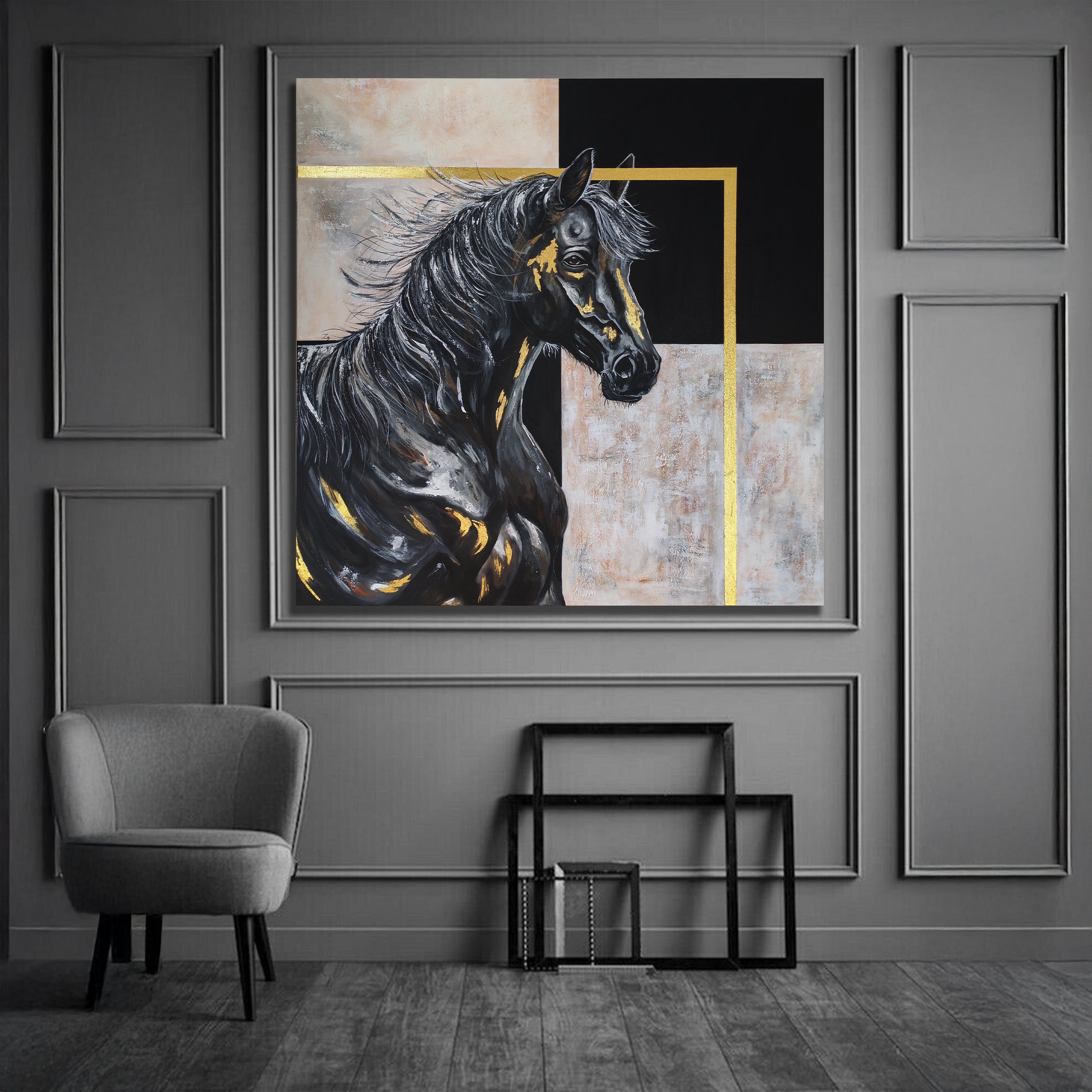 "Chess Knight" large wall art Dubai, featuring an Arabian Stallion in charcoal and gold-leaf representing UAE heritage and modern architecture.