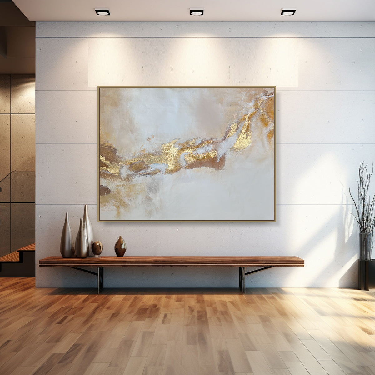 Minimalist luxury wall art 'Auric Flow' styled in a modern living room, showcasing gold leaf abstract patterns that create a calming and sophisticated atmosphere.