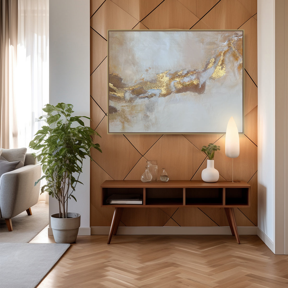Elegant Auric Flow handmade abstract painting featuring 3D gold foil textures on a neutral canvas, symbolizing serenity and inner strength for luxury home decor.