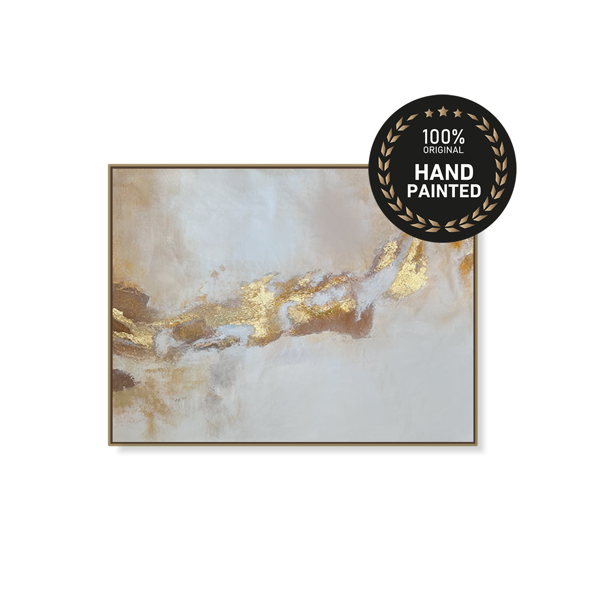 100% authentic handmade abstract painting with intricate gold leaf details, showcasing the unique brushstrokes and craftsmanship of premium wall art.