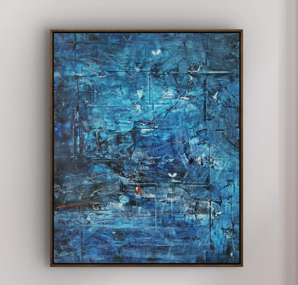 Contemporary blue abstract painting 140x170 cm acrylic canvas in modern Dubai home
