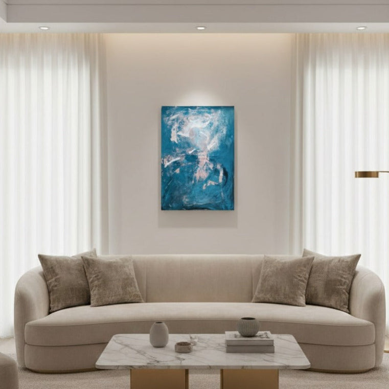 Contemporary blue abstract canvas art featuring crystal-inspired forms, perfect for serene and minimalist interior styling.