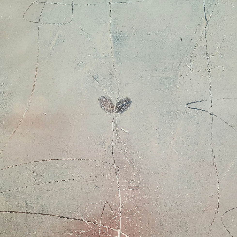 Close-up of blue heart-shaped motifs and fine wire-like lines on a handmade acrylic abstract painting1