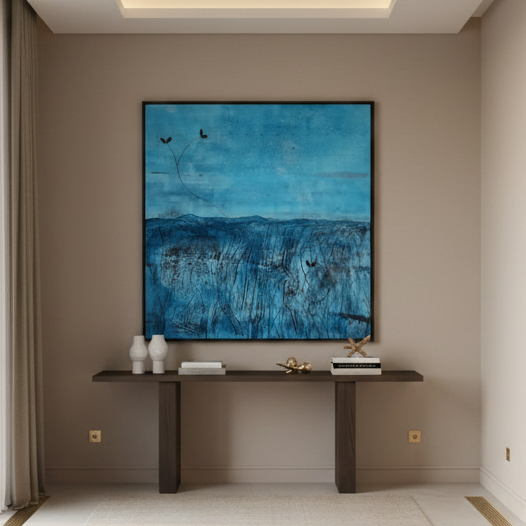 Large handmade abstract canvas painting with 3D texture, featuring a solitary sprout concept in a shadow and light composition for modern UAE interiors.