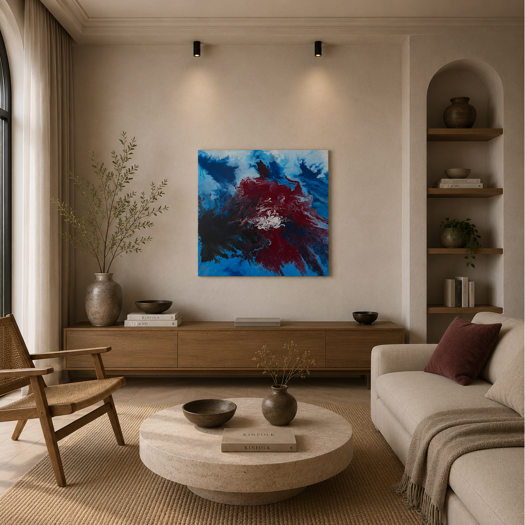 Bold statement abstract wall art in blue and red, original handmade painting for UAE villa living room