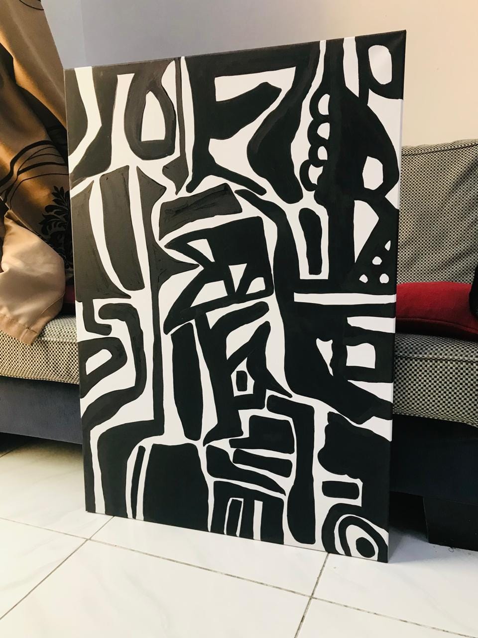 Bold monochrome abstract painting with graphic linework, luxury canvas art Dubai