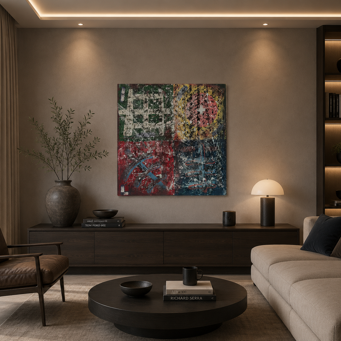 Bold statement handmade wall art as feature wall in modern UAE villa interior