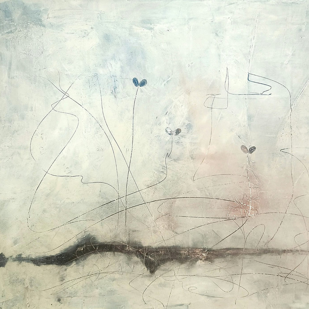 Close-up of a dark charcoal horizontal brushstroke across a soft blue and cream contemporary abstract canvas
