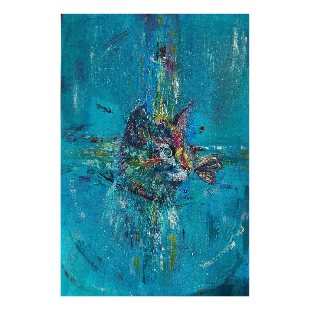 Close-up of the cat's face and butterfly in the Chloe painting, with magenta, cobalt and golden yellow brushstrokes on a turquoise background