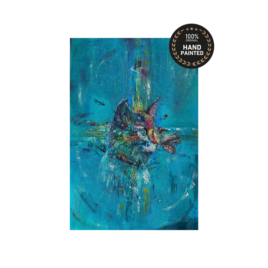 Handmade palette-knife texture and paint drips on the Chloe original cat painting by C Vosper