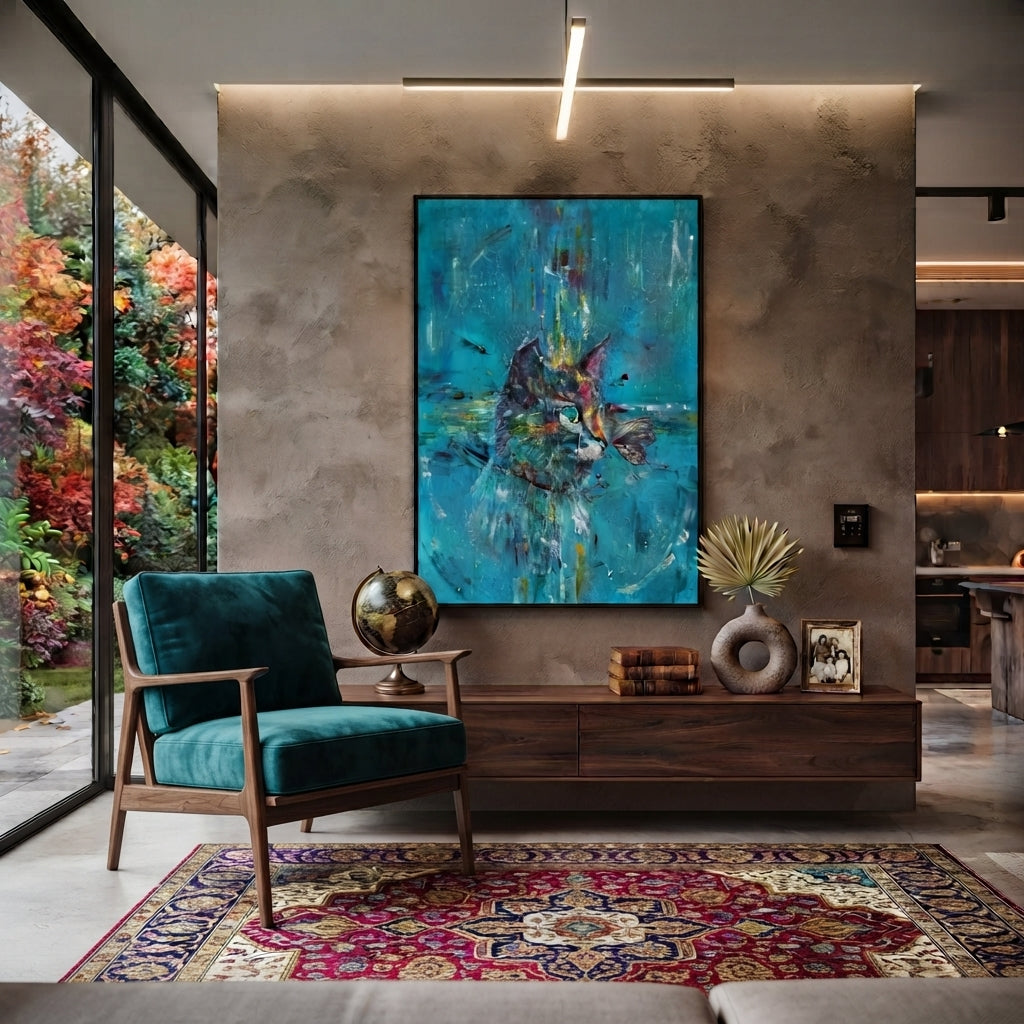 Chloe original turquoise cat painting with a butterfly, shown as a styled room visualisation on a neutral wall in a modern villa living room
