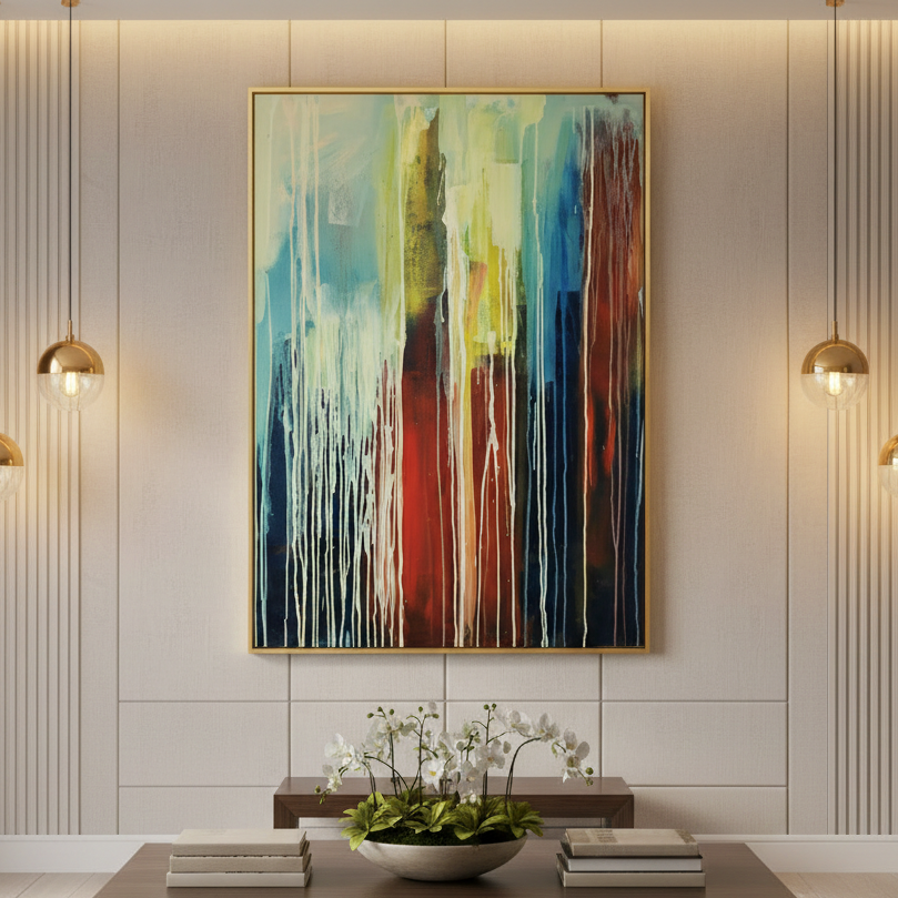 Colorful abstract city rain painting for luxury UAE wall decor