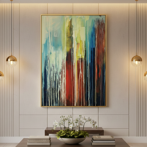 Colorful abstract city rain painting for luxury UAE wall decor