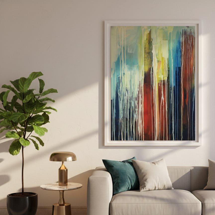 Modern living room with a sofa, decorative pillows, a plant, and abstract art on the wall. perfect luxury wall art for modern UAE interiors and Dubai living rooms