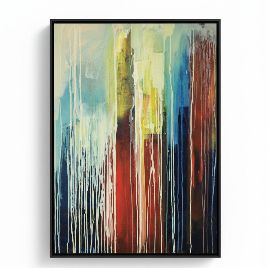Colorful abstract expressionist painting inspired by city rain. Abstract painting with vertical brush strokes in various colors on a white background