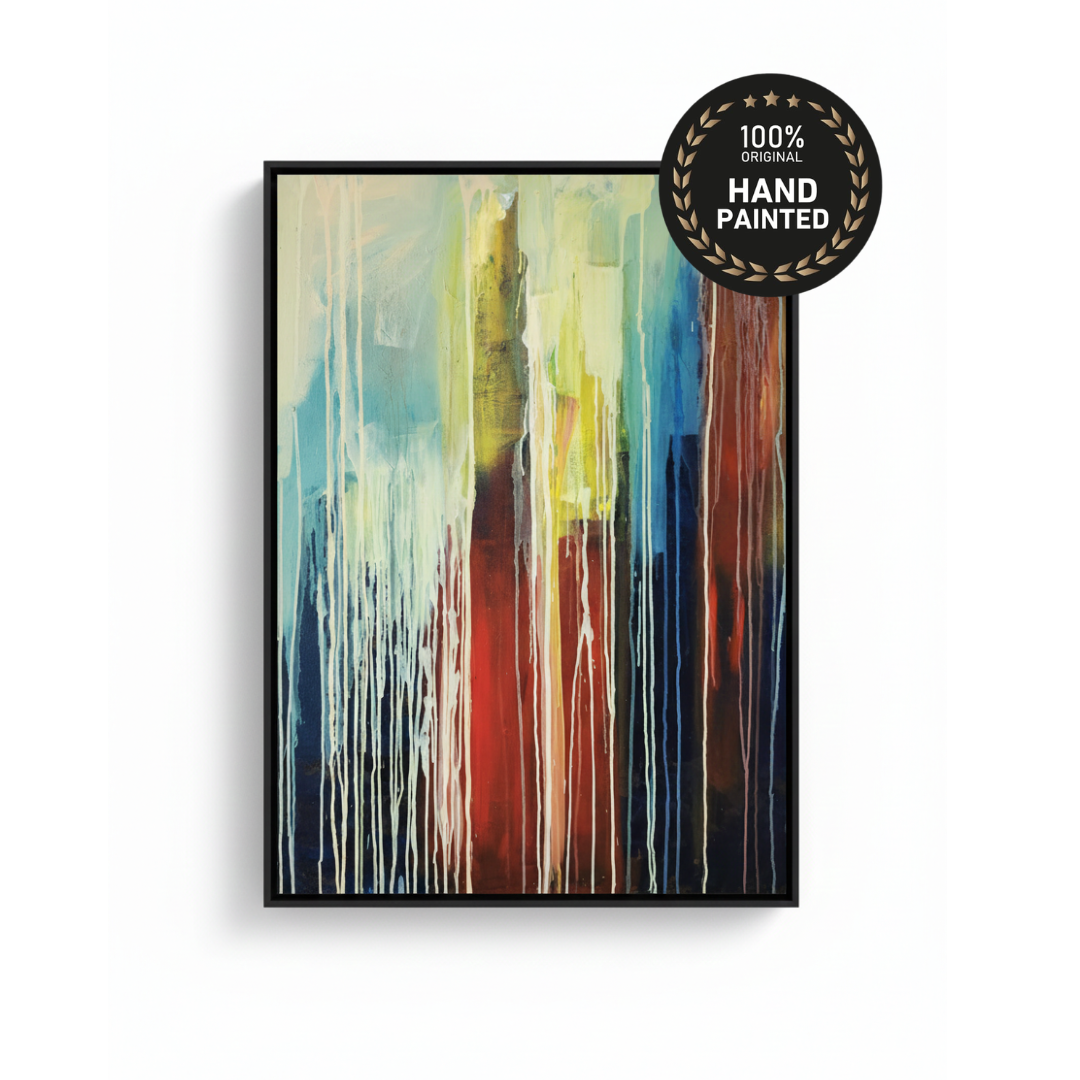 Handmade colorful abstract expressionist painting inspired by city rain, perfect luxury wall art for modern UAE interiors and Dubai living rooms