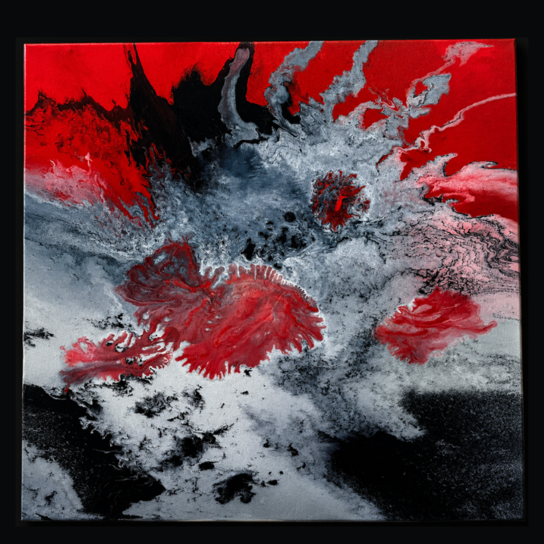 closeup view of Textured abstract canvas art in red and grey for modern living room