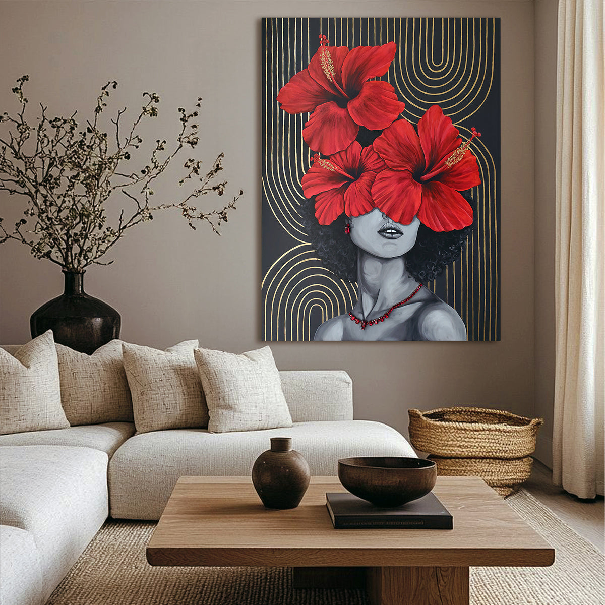 Detail of bold crimson hand-painted florals and freehand gold lines on Crimson Blossom canvas — handmade feminine wall art available at Artecasso UAE