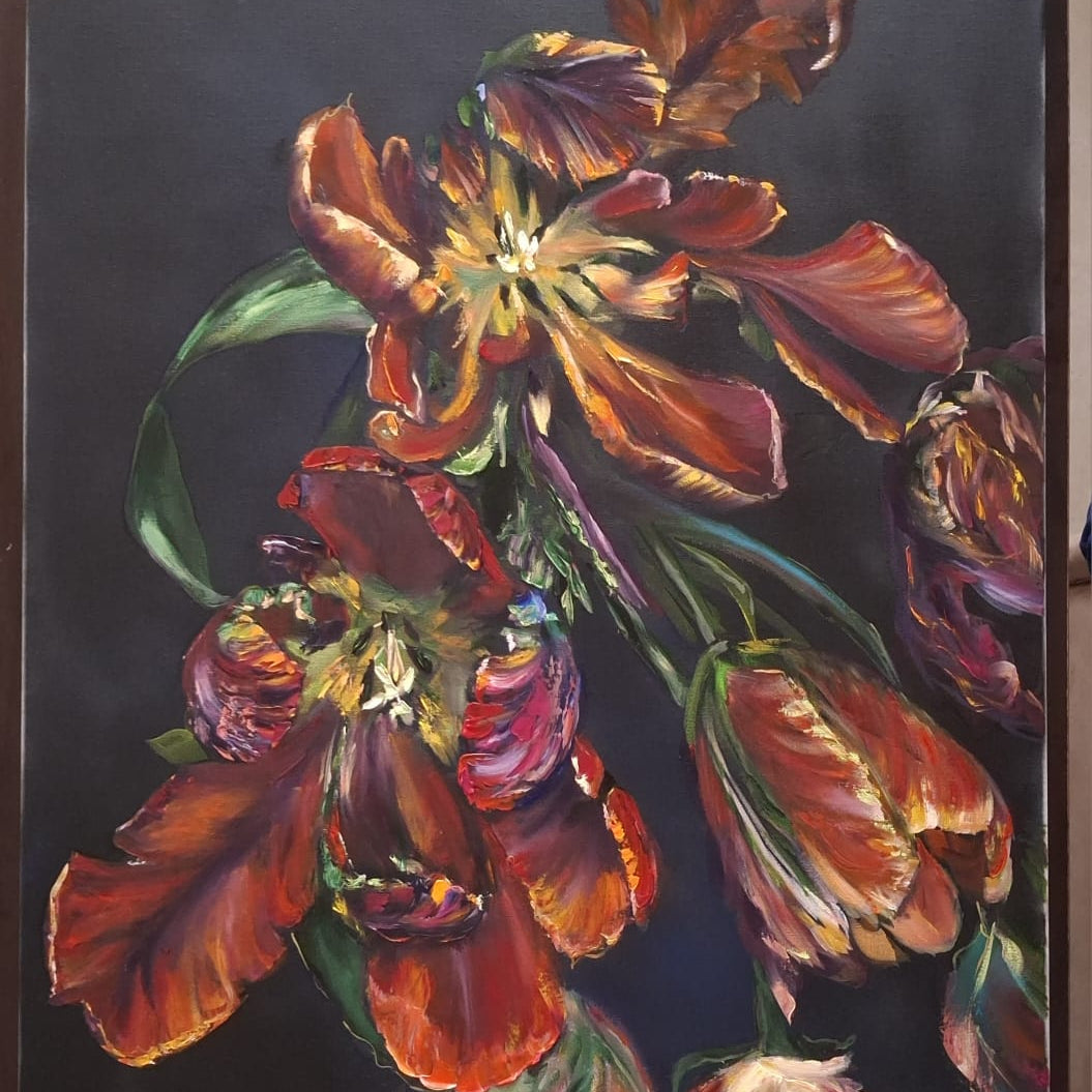 Close-up of textured crimson tulip petals on dark oil painting
