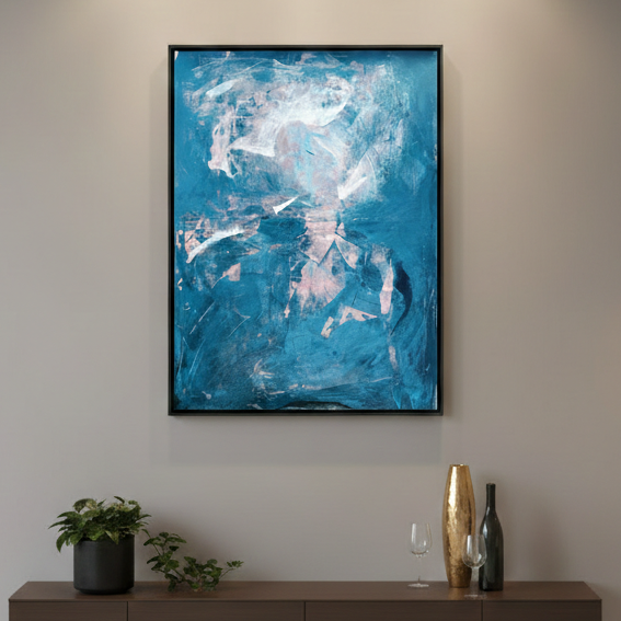Blue crystal abstract painting with fluid textures and calming tones, ideal for modern luxury living room wall decor.