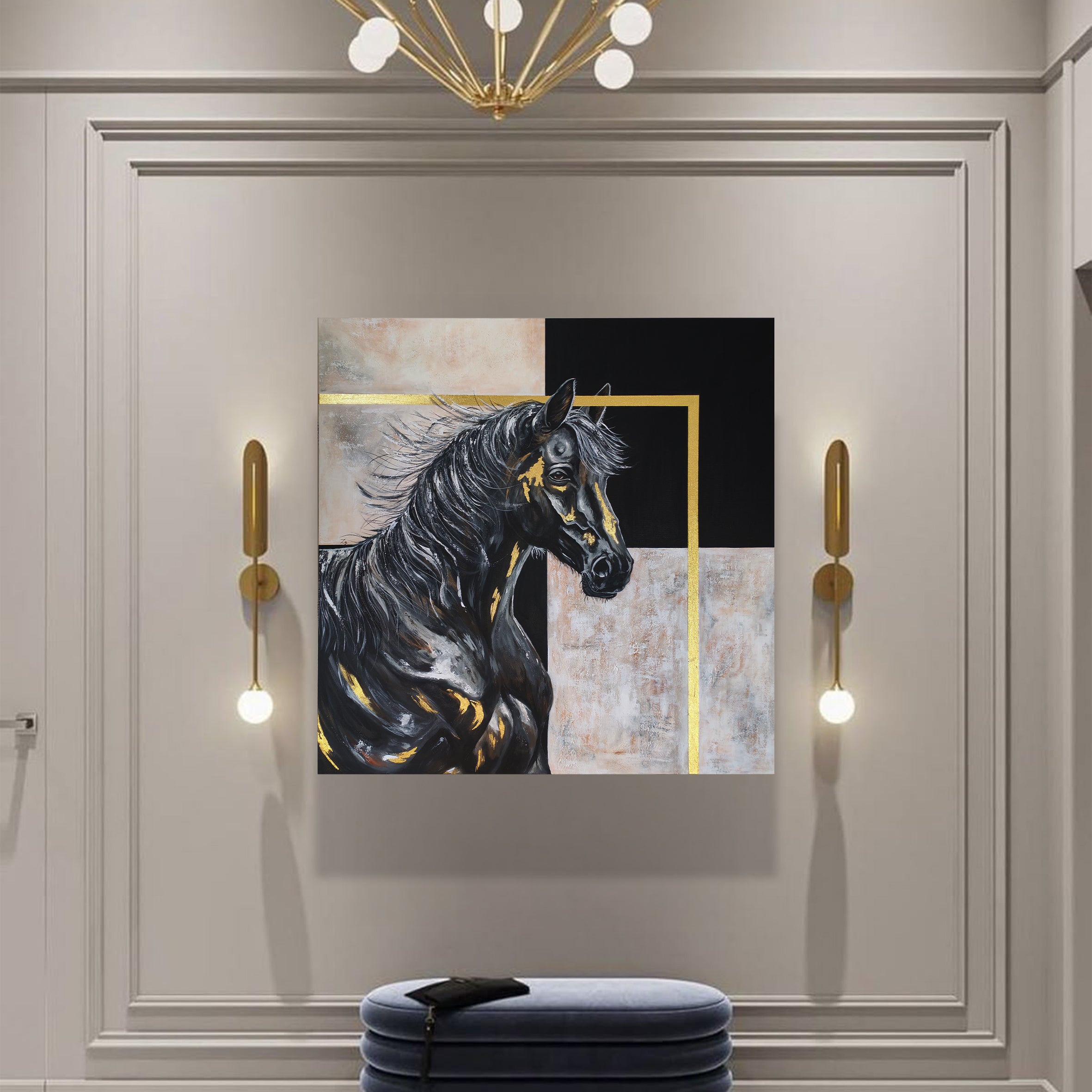 Bespoke art in UAE by Artecasso, "Chess Knight" integrates traditional art pieces with contemporary golden geometric frames.