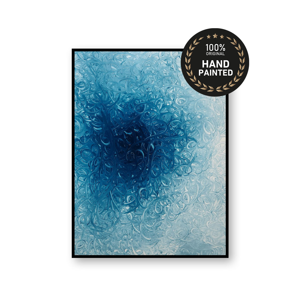 The Deep Blue Swirl handmade painting displayed in a contemporary UAE living room — ocean-inspired abstract wall art by Artecasso Dubai