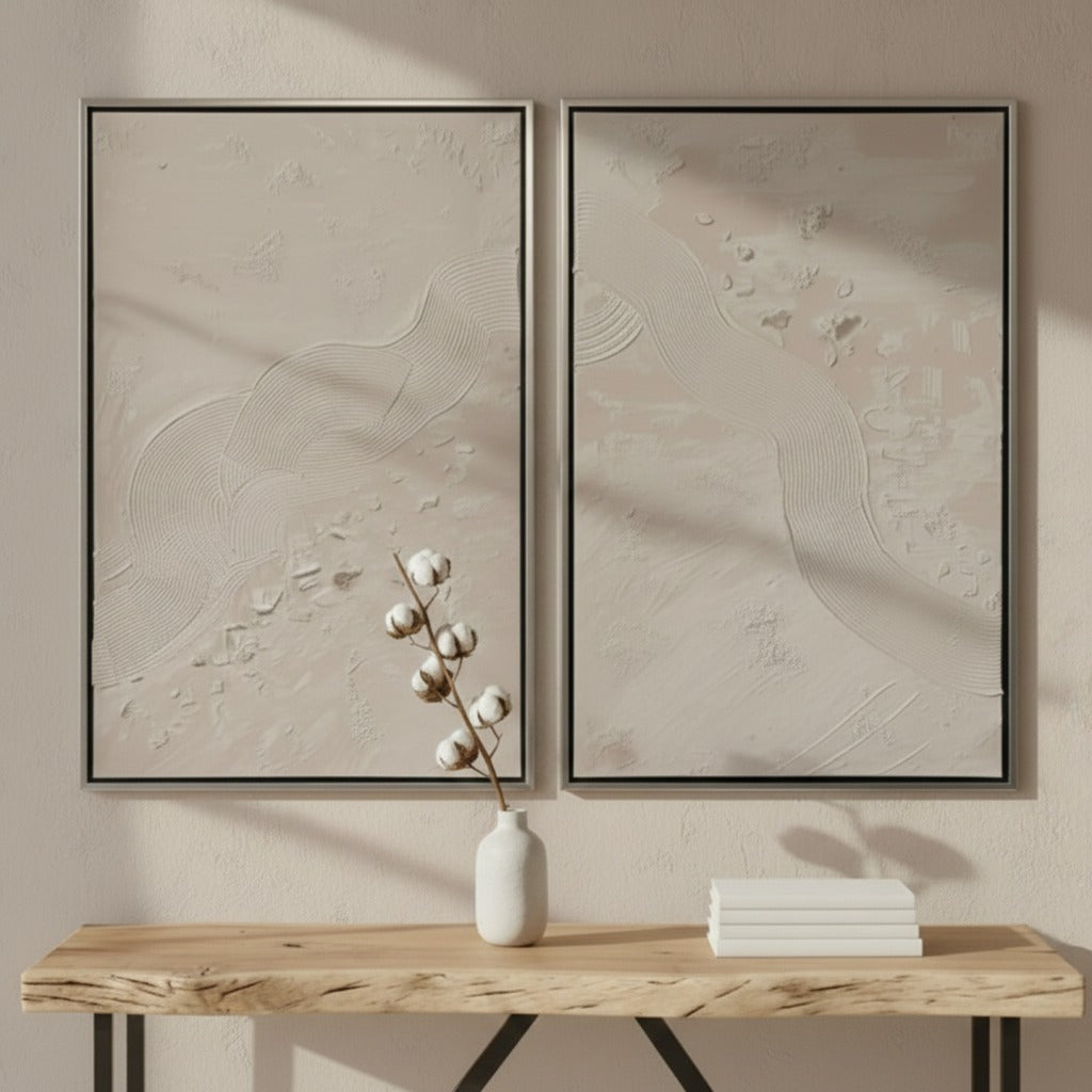 Modern Diptych wall art with textured surfaces, perfect for minimalist UAE home interiors and elegant Dubai villas