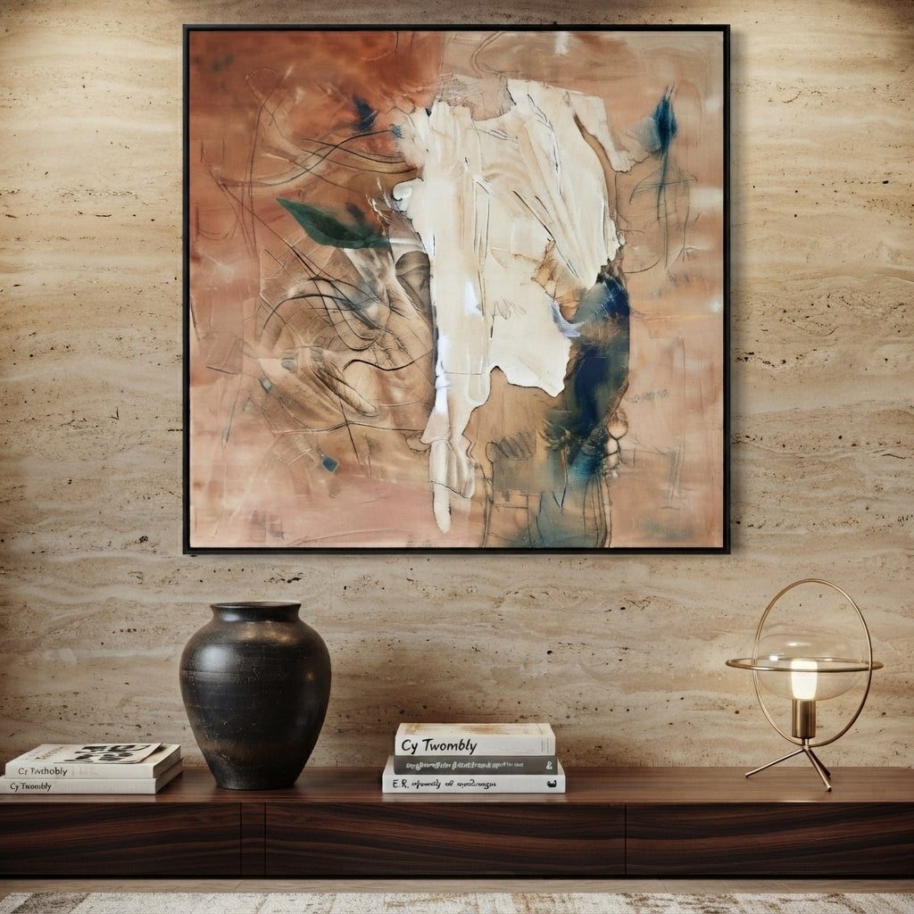 Echoes Beneath the Dust - 90x90 cm handmade neutral and terracotta textured abstract painting styled in a luxury interior with a black floating frame.