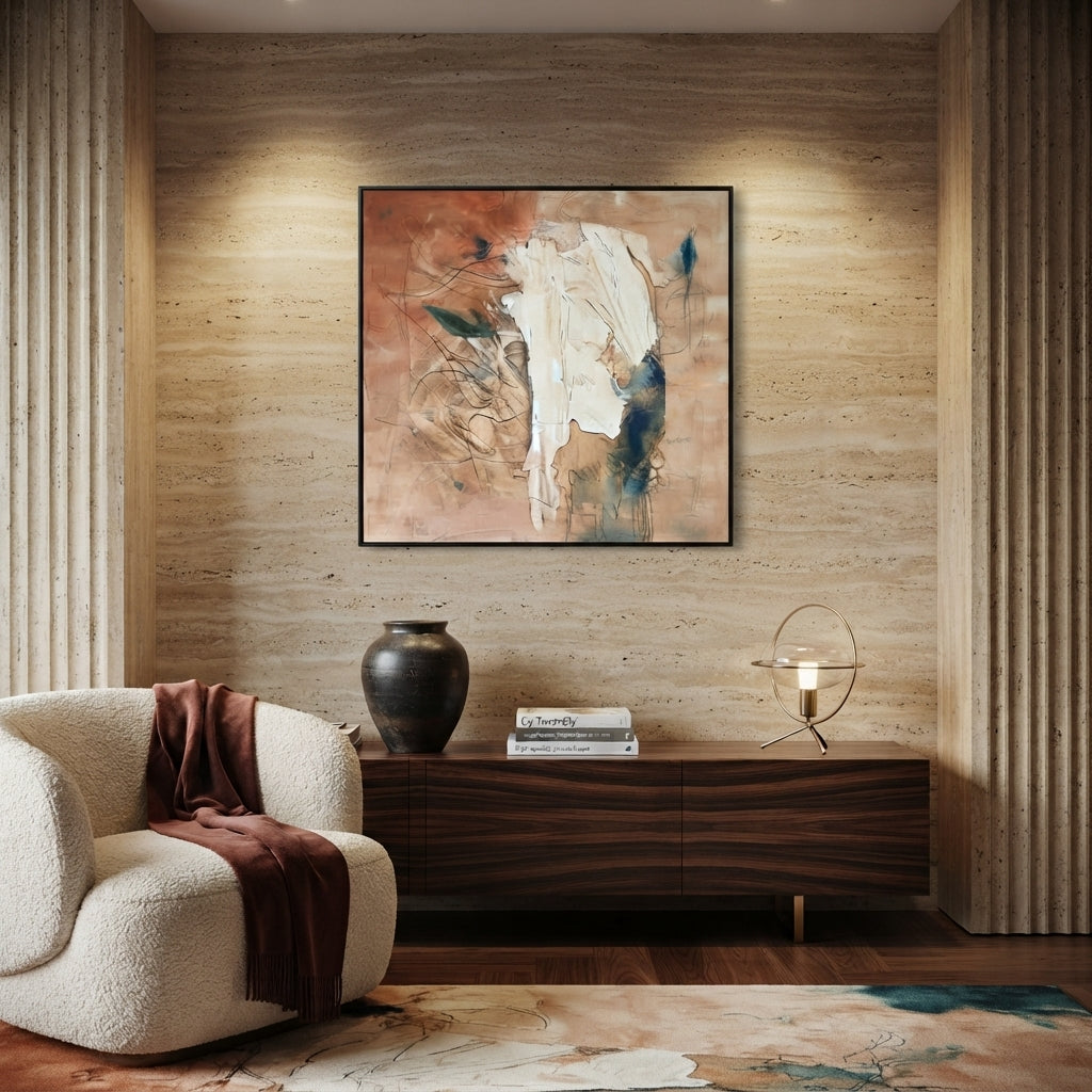 Echoes Beneath the Dust - Hand-painted neutral and terracotta textured abstract canvas art with raised 3D elements and dark expressive strokes, framed in a black floating frame.