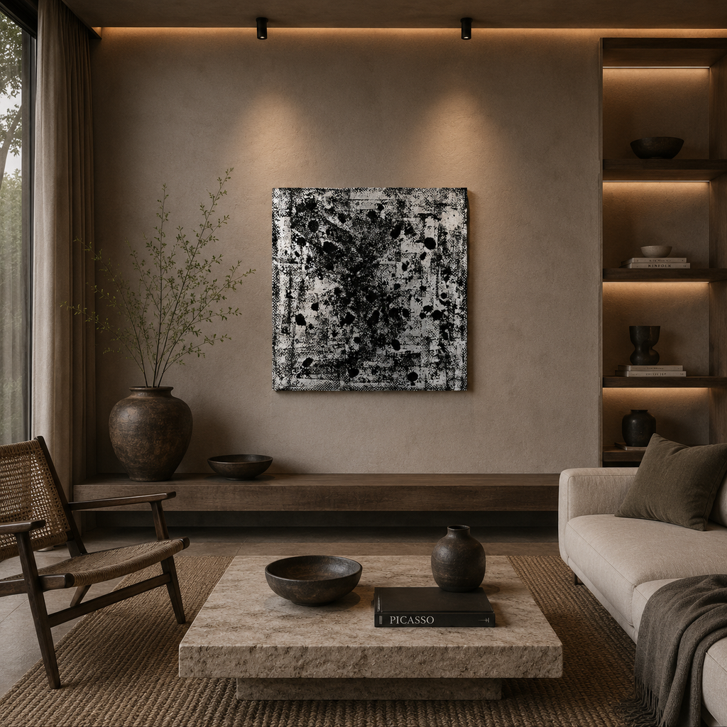 Eclipsed Bloom original abstract ink splatter canvas painting styled in modern Dubai villa living room with warm wood tones and ambient lighting1