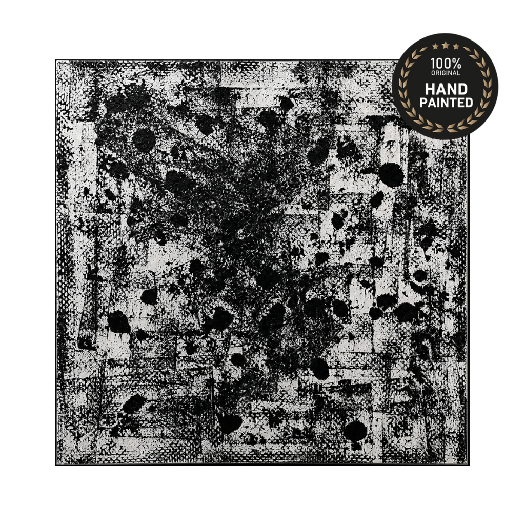 Original abstract ink splatter canvas art in bold contrasting tones, expressive statement piece for modern interiors