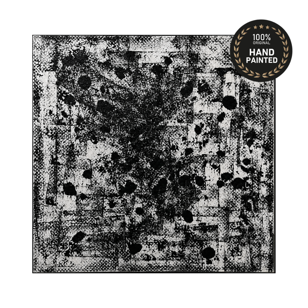 Original abstract ink splatter canvas art in bold contrasting tones, expressive statement piece for modern interiors
