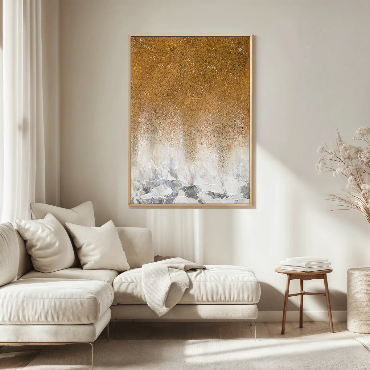 Embers of Light handmade textured painting displayed in a luxury living room — warm earthy abstract wall art that creates a grounded, luminous atmosphere in contemporary UAE interiors