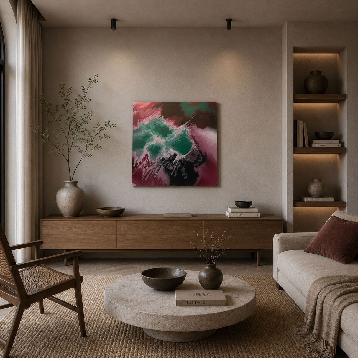 Teal and magenta fluid abstract painting displayed above wooden console in living room