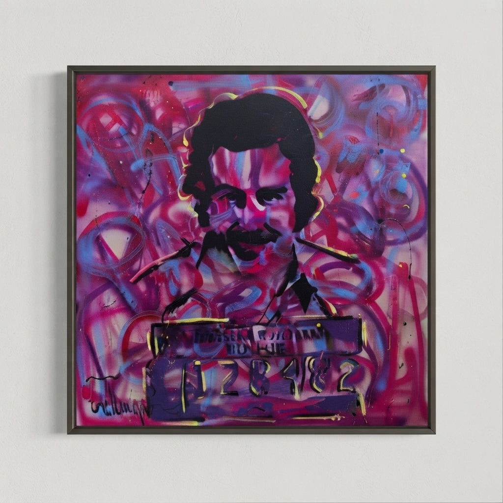 Escobar Mugshot original pop art canvas artwork with vibrant blue, magenta and green tones