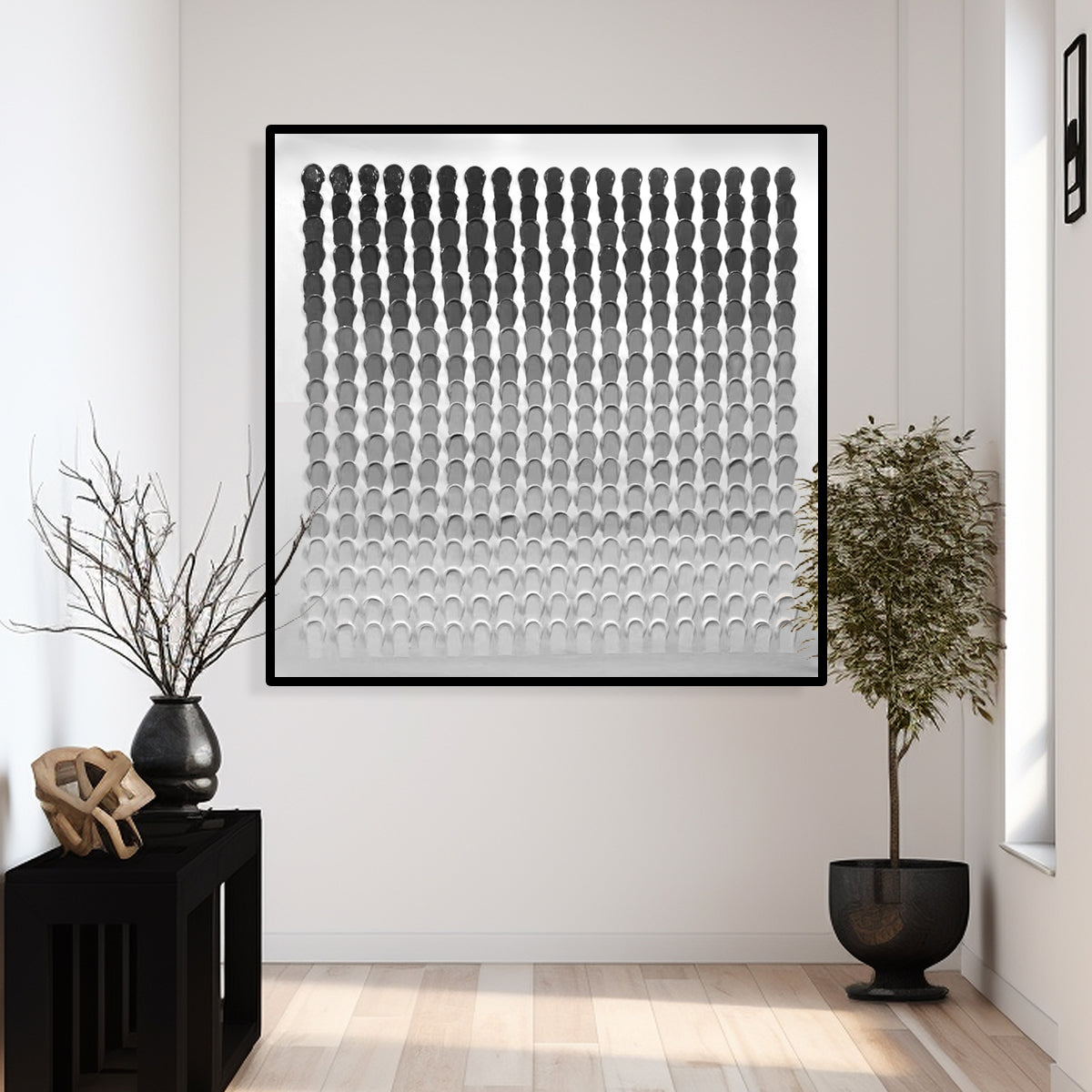 Fading Echoes handmade 3D textured monochrome abstract painting — original oil on canvas wall art that brings stillness and quiet release to modern interiors by Artecasso UAE