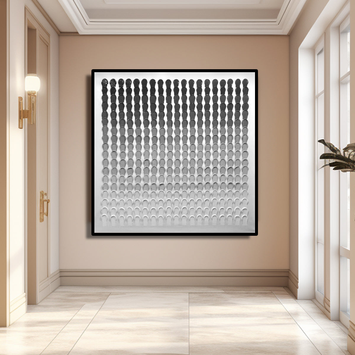 Fading Echoes handmade gradient abstract painting styled in a minimalist living room — 3D textured monochrome wall art for interiors that feel too loud or too busy