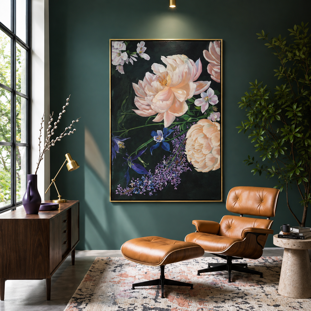 Pink and emerald floral canvas painting styled above a living room sofa