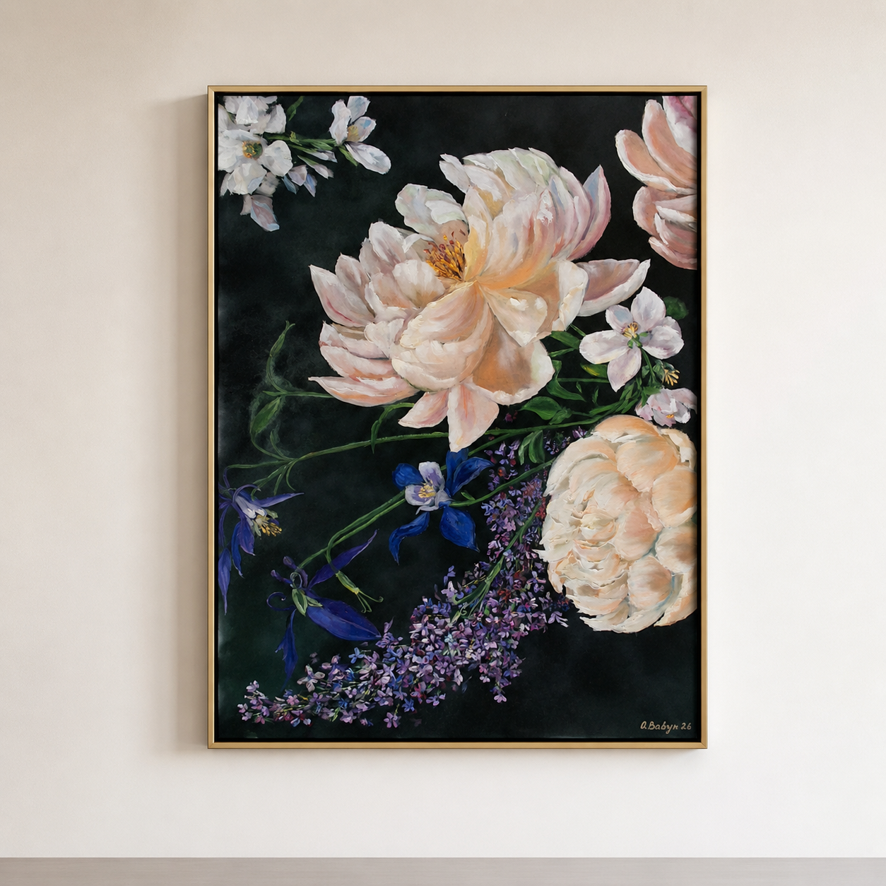 Framed pink and emerald floral oil painting, gallery-quality canvas corner