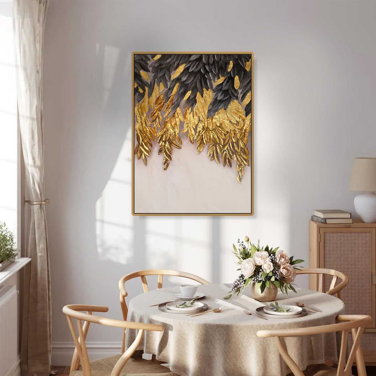 Gilded Descent handmade gold leaf painting displayed in a luxury living room — dramatic black and gold abstract wall art that creates a bold yet elegant statement in modern UAE interiors