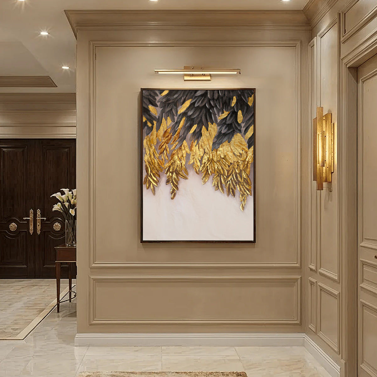 Gilded Descent handmade gold leaf textured painting in dramatic black and gold — original oil on canvas abstract wall art that brings elegance, depth and quiet power to luxury interiors by Artecasso UAE