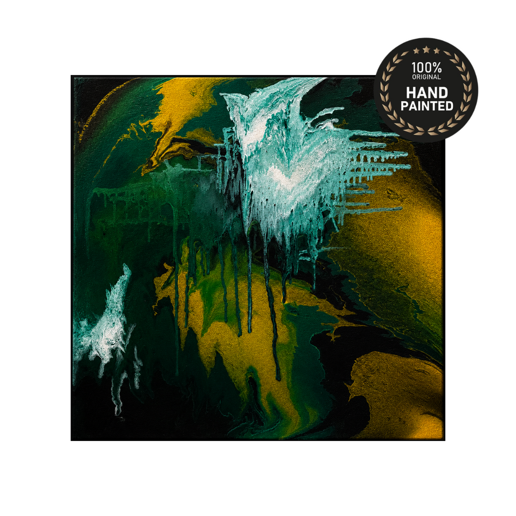 Abstract hand-painted canvas art featuring a mix of deep green, black, gold, and white fluid paint textures, with a circular '100% Hand Painted' badge overlay in the top right corner.