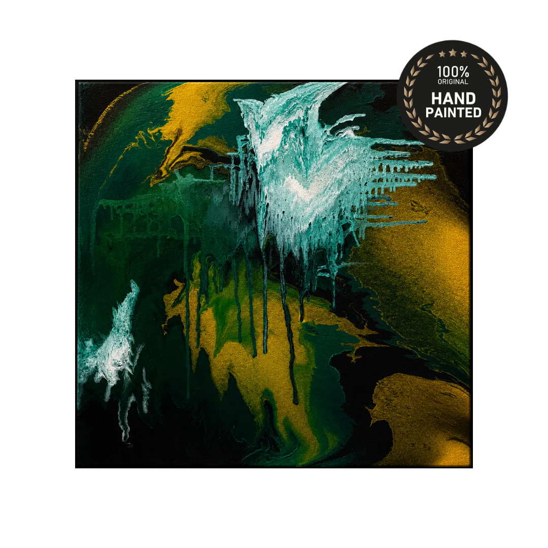 Abstract hand-painted canvas art featuring a mix of deep green, black, gold, and white fluid paint textures, with a circular '100% Hand Painted' badge overlay in the top right corner.