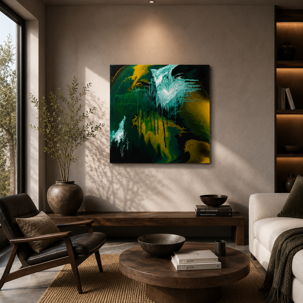 Abstract canvas wall art featuring green, teal, yellow, and black brushstrokes, displayed in a modern living room setting above a dark wood console table.