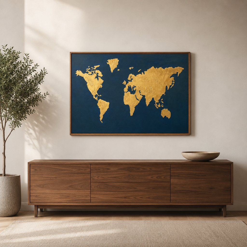 Golden Meridian handmade gold leaf world map painting on navy canvas1