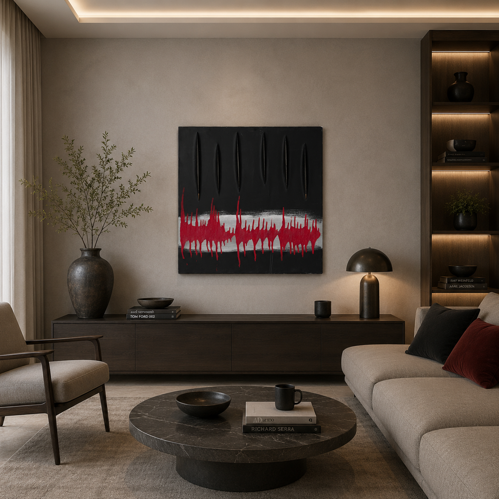 Original handmade abstract wall art displayed in moody UAE villa interio