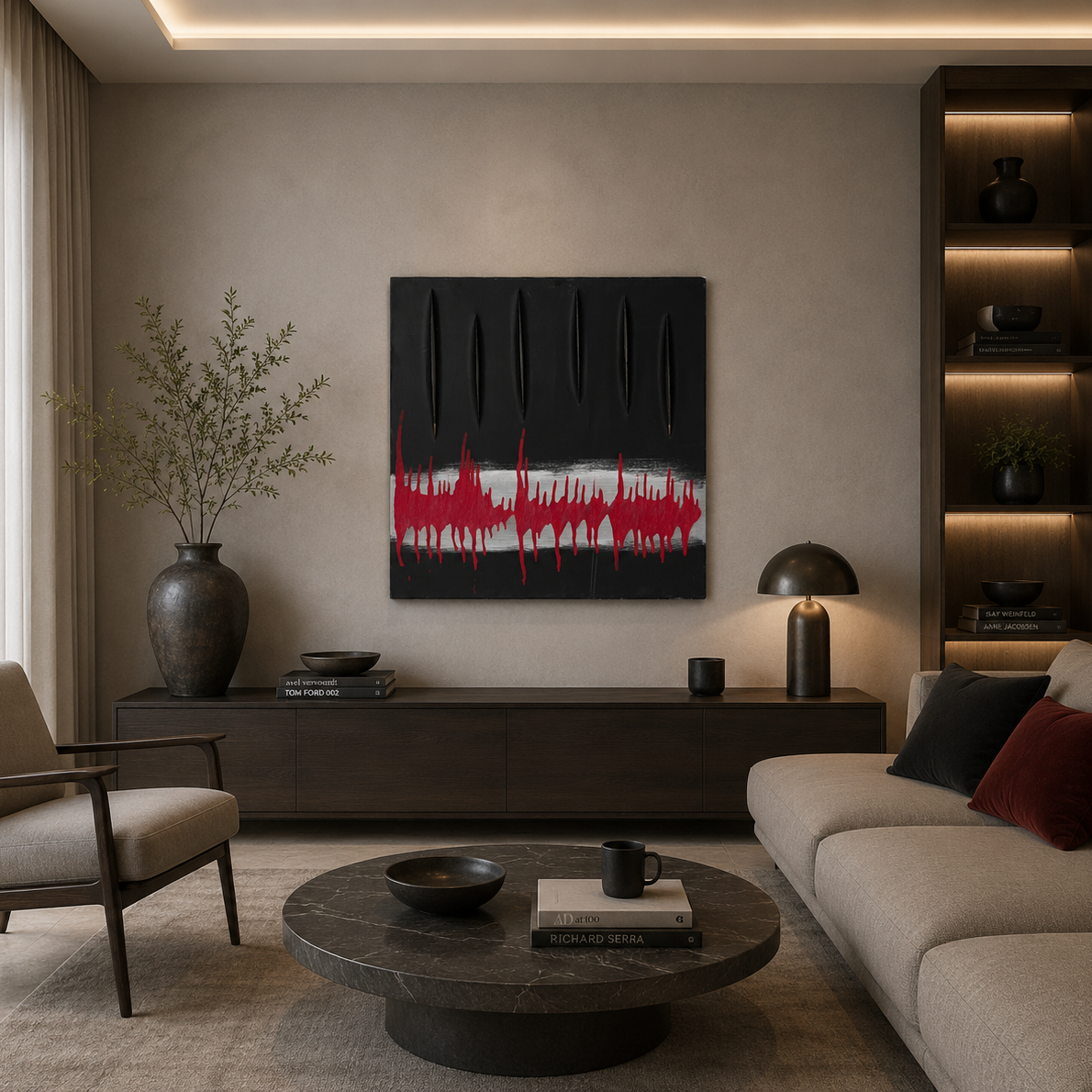 Original handmade abstract wall art displayed in moody UAE villa interio